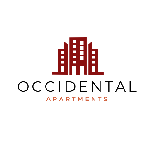 A red apartment building logo on a black background.